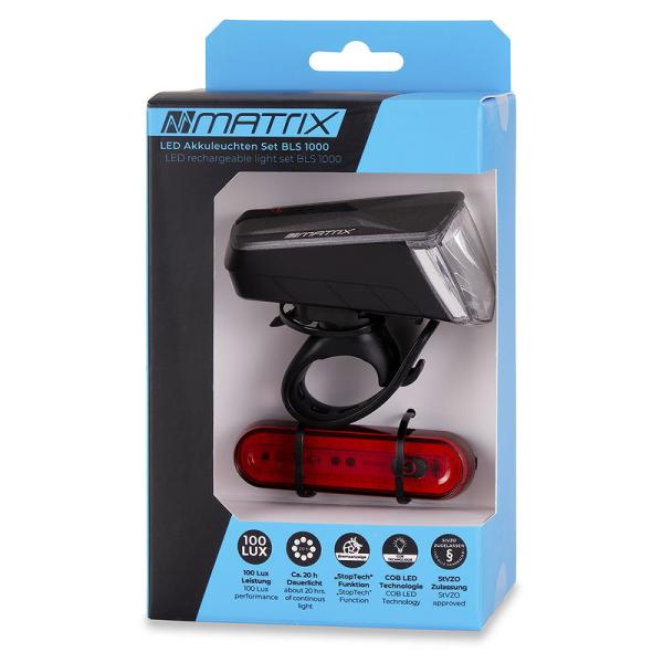 MATRIX LED Akkuleuchten Set 100 LUX BLS 1000 mit Bremslichtfunktion schwarz