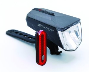 MATRIX LED Akkuleuchten Set 100 LUX BLS 1000 inkl. Halter und USB-Kabel | Befestigung: Lenker / Sattelstütze | schwarz | SB-Verpackung